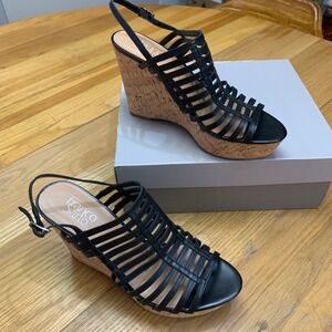 Franco Sarto Womens Black Leather Strappy Cork Wedge Sandals Shoes Size 10M